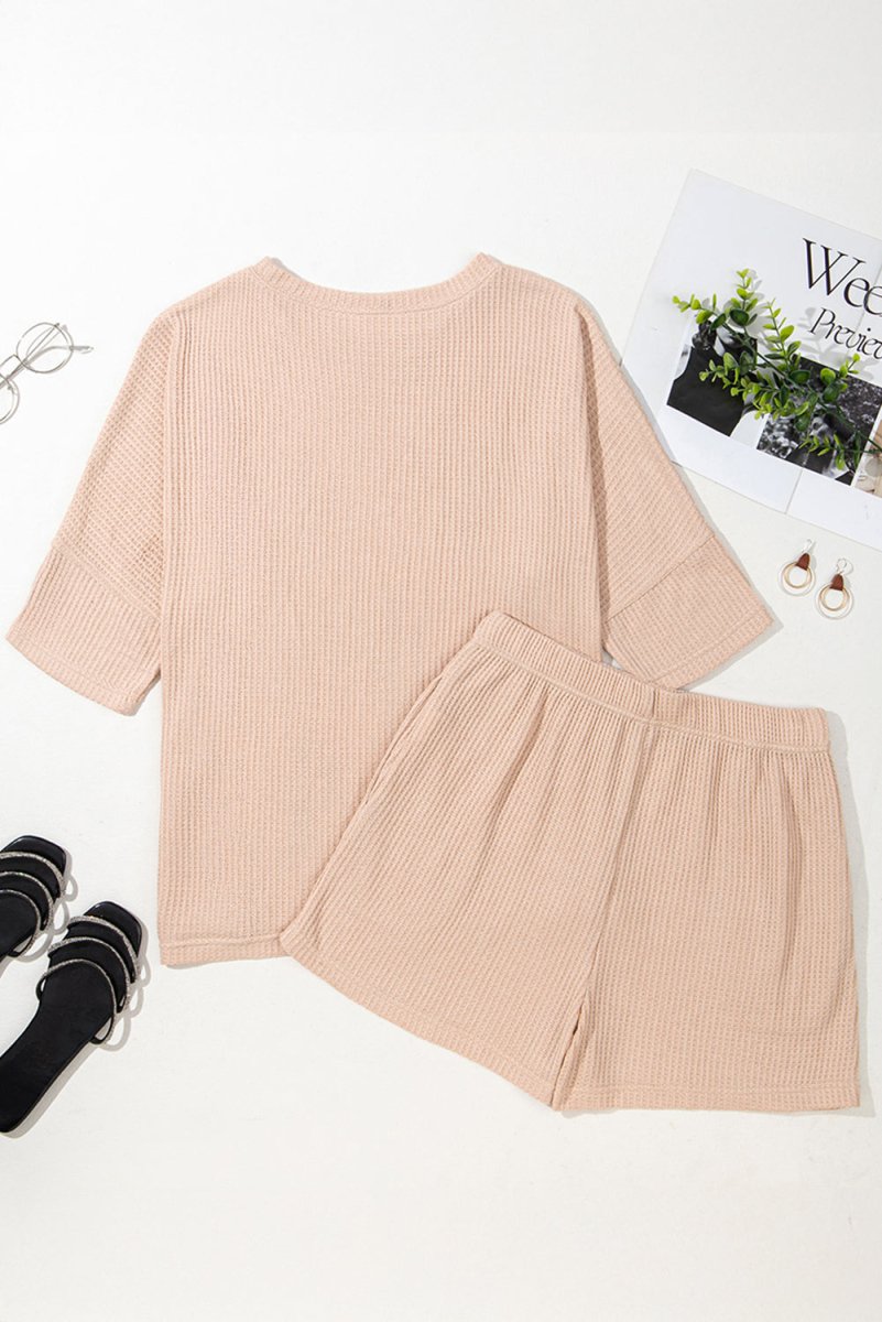 Light French Beige Cactus Forest Waffle Half Sleeve Tee Set - Love Salve